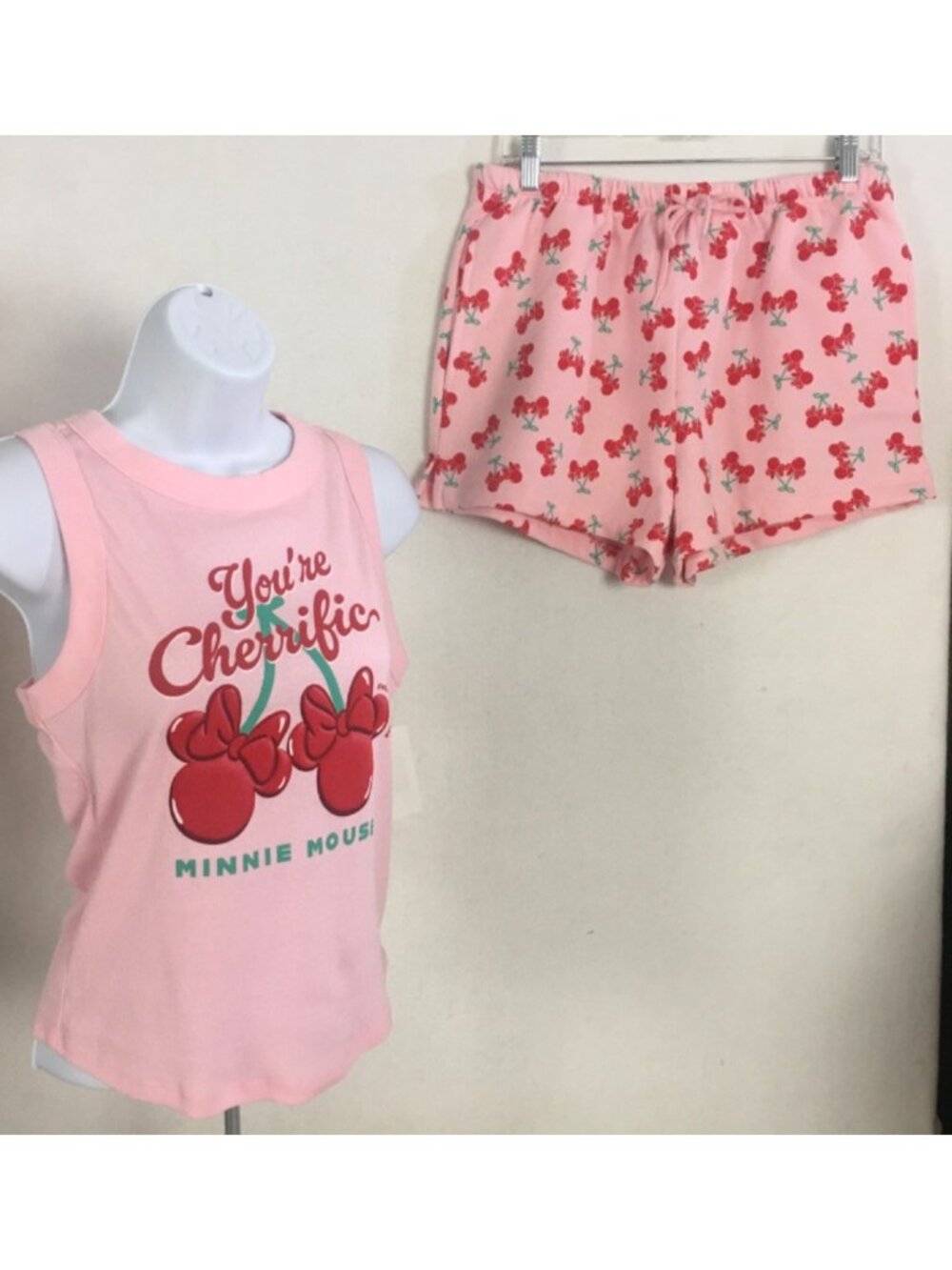 Disney Top Short Set Size L Minnie Mouse Sleeveless Top Elastic Waist Cherries